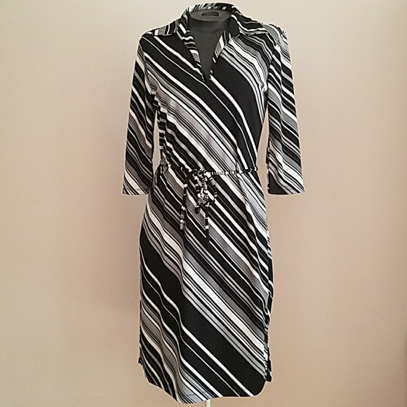 Express V-Neck Striped Belted Career Sheath Dress - Picture 1 of 8